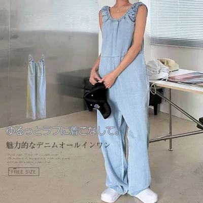 デニム オールインワン レディース デニム ワイドパンツ 春 夏 ノースリーブ シャーリング 重ね着 きれいめ 着痩せ 大きいサイズ カジュアル おしゃれ オーバーオール サロペット パンツ ロング丈 体型カバー ゆったり 大人 レイヤード コンビネゾン 連体服 楽ちん 薄手