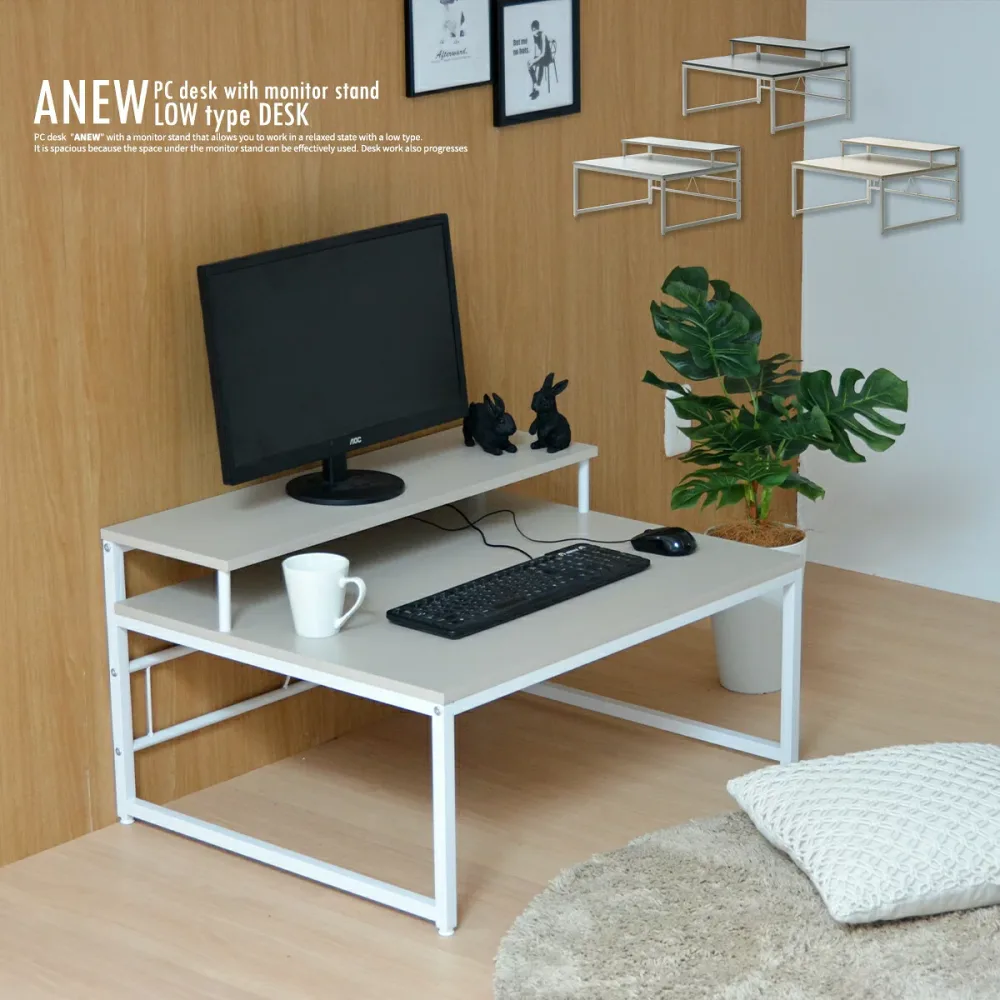 ローデスク パソコンデスク 80cm 広い PCデスク ロータイプ モニター台 机 座卓 座椅子 ローテーブル 勉強机 書斎デスク キーボード 収納 棚 おしゃれ かわいい シンプル 子供用 学習机 テレワーク 在宅ワーク スチール 北欧 くすみカラー Anew