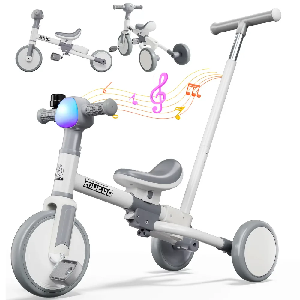 【全店20%OFFクーポン】三輪車 RIDIGO 子供用三輪車 5in1 手押し棒付き ランニングバイク LDEライト ベル付き 4つの音楽 自転車 乗用玩具 組み立て式 耐久性 軽量 調整可能 キッズバイク 男の子 女の子 誕生日プレゼント ギフト T02A