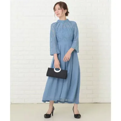 レースレディース Lace Ladies フィッシュテール レース袖 ワンピースドレス (ブルーグレー)