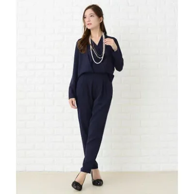 レースレディース Lace Ladies カシュクールフロント長袖オールインワン・パンツドレス (ネイビー(長袖))