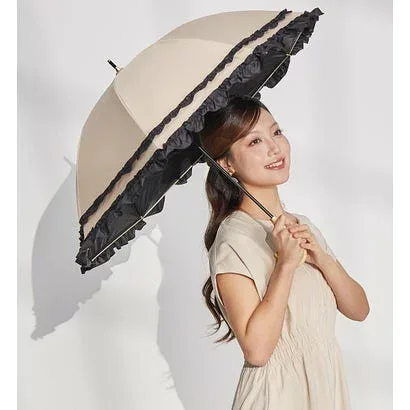 キザワ KIZAWA フリルデザイン ショート丈 日傘 50cm 長傘 晴雨兼用傘〜colon frill〜 (ベージュ×ブラック)