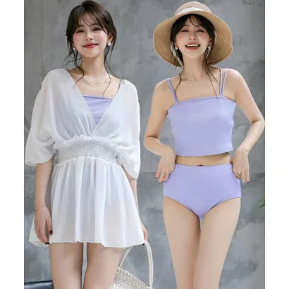 テディショップ Teddyshop レディース水着 半袖シャーリングシアーワンピース+ダブルストラップビキニ 3点セット (ホワイト×ラベンダー)【交換・返品不可】