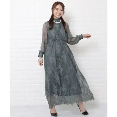 レースレディース Lace Ladies 総レースハイネックロングワンピースドレス (ミントグレー)