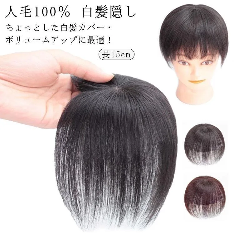送料無料 ウィッグ 部分ウィッグ 人毛100% 白髪隠し 長15cm ヘアピース ミセス 自然 部分かつら 薄毛対策 増毛 つけ毛 女性用 かつら 頭