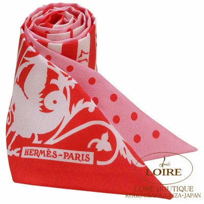 エルメス トゥイリー アストロジー・ア・ポワ ルージュ×シロ×ローズ シルク HERMES TWILLY Astrologie à Pois ROUGE/BLANC/ROSE Silk