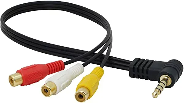 AVケーブル変換 3.5mm 4極ミニプラグ(L型プラグ オス)からRCA(赤・白・黄)メスケーブル AV入力変換ケーブル ステレオオー ...