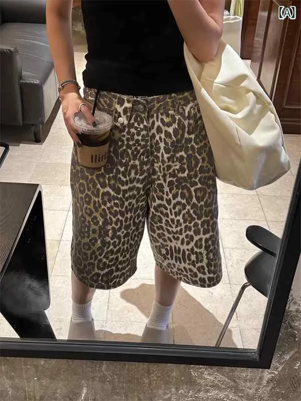 デニム ハーフパンツ メンズ レディース 短パン ショートパンツ 夏 ストリート レトロ ヒョウ柄 レオパード ストレート 大きいサイズ