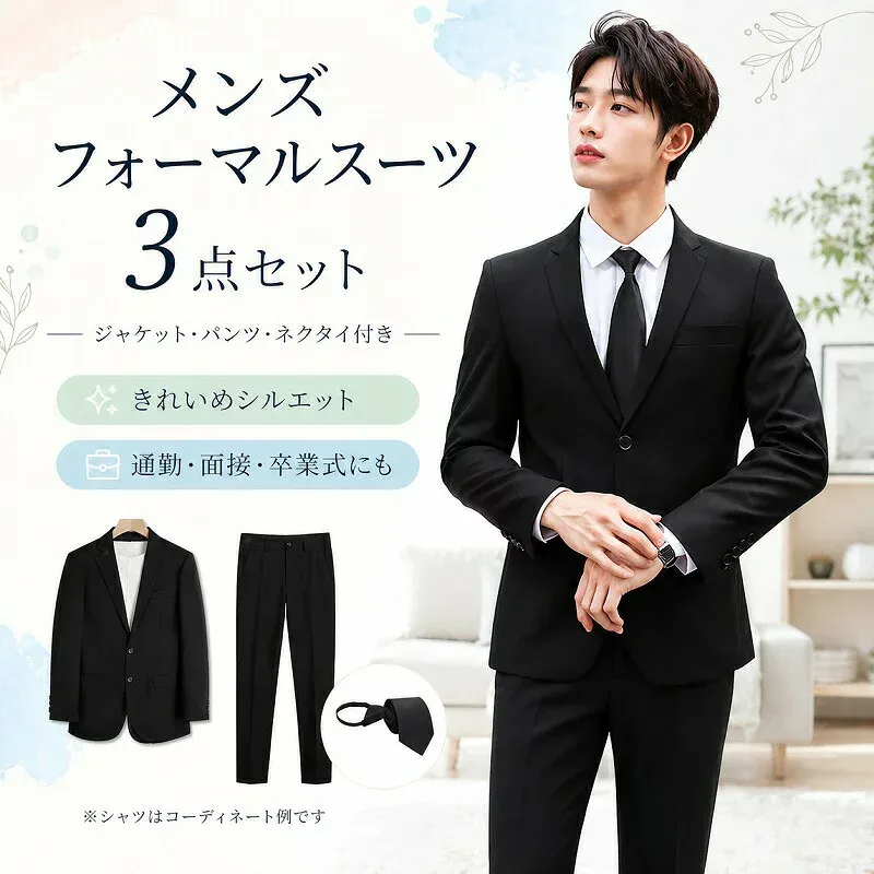 スーツ メンズ 3点セット ジャケット パンツ ネクタイ フォーマルスーツ セットアップ 定番 ブラック 黒 オールシーズン ビジネス 通勤 面接 就活 卒業式 入学式 結婚式 冠婚葬祭 セレモニー 大きいサイズ S M L XL 2XL 3XL 4XL 5XL 無地 きれいめ シルエット