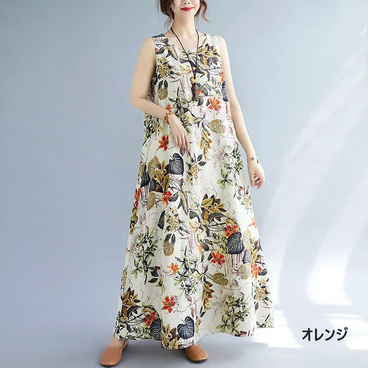 One Piece Maxi Dress Women's Long Dress Cotton Linen Floral Pattern Long Linen A Line Maxi Length Large Size Body Covering Loose Dress Slimming Sleeveless Adults 20's 30's 40's