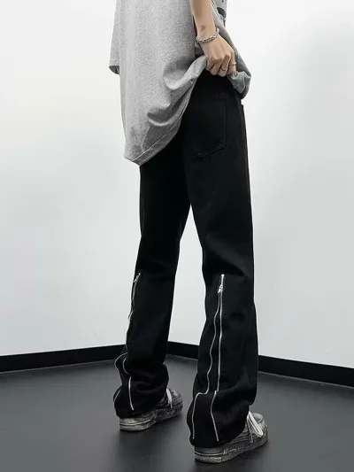 カーゴパンツ レディース ワークパンツ デニム ストレート パンツ ジッパー ファスナー 裾ジップ ワイドパンツ ジーンズ ズボン ボトムス ストリート系 ヒップホップ カジュアル 韓国 ファッション ゆったり ルーズ 脚長 体型カバー 春 秋 黒