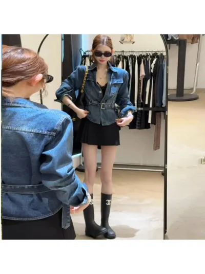 デニムジャケット レディース デニムシャツ アウター 春服 ショート丈 ベルト付き 長袖 襟付き ジャケット 韓国ファッション スタイルアップ 着痩せ デニム生地 Gジャン ブルゾン カジュアル 通勤通学 デート 春秋