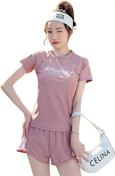 「25%OFFクーポン付き」レディース フィットネス セパレート スポーツ水着 体型カバー 2点セット 日焼け対策 タンキ二 半袖 二重構造ショーツ 水陸両用 スイムドレス 女性用 吸汗速乾 スポーティー 上下セット 伸縮