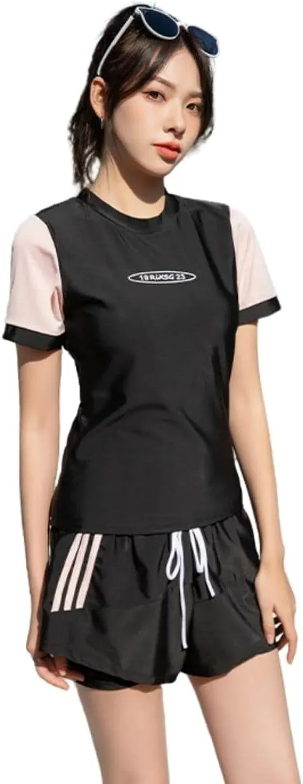 「25%OFFクーポン付き」レディース セパレート タンキ二 女性 2点セット 体型カバー フィットネス 競泳水着 ショーツパンツ一体型 フィットネス 水着 レディース 半袖 ラッシュガード スイムウェアー