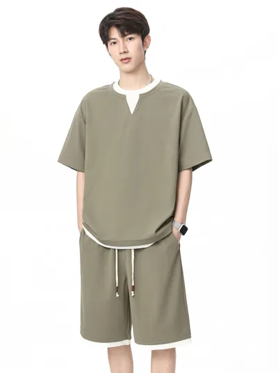「25%OFFクーポン付き」上下セット メンズ 夏服 半袖 ティーシャツ ハーフパンツ レイヤード風 キーネック オーバーサイズ ビッグシルエット カジュアル ゆったり ルームウェア 部屋着 2点セット おしゃれ かっこ