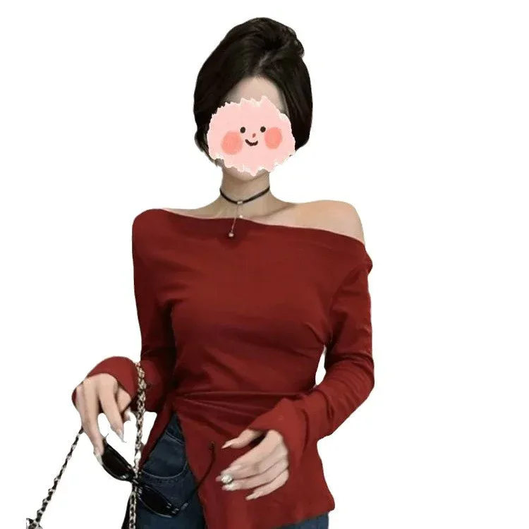 「25%OFFクーポン付き」オフショルダー レディース 長袖 カットソー 肩出し トップス 斜め襟 アシンメトリー セクシー スリット入り 着痩せ スリム タイト フィット ファッション きれいめ 大人 無地 鎖骨見え デート