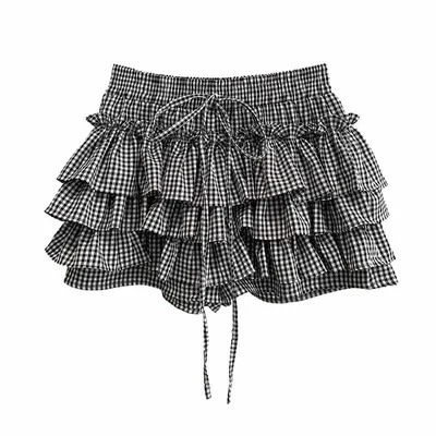 キュロットスカート レディース ギンガムチェック ティアード フリル ショートパンツ ハイウエスト ウエストゴム リボン スカパン ミニ丈 体型カバー ガーリー 通学 デート 春 夏