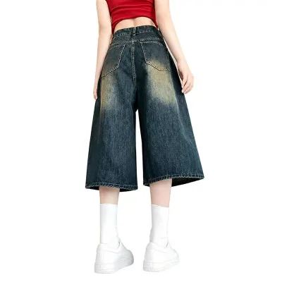 デニム ワイドパンツ レディース 七分丈 ハーフパンツ ハイウエスト ヴィンテージ風 ストリート系 ゆったり 着痩せ 体型カバー 春 夏 秋 カジュアル ジーパン ジーンズ 5分丈 膝下 大きいサイズ