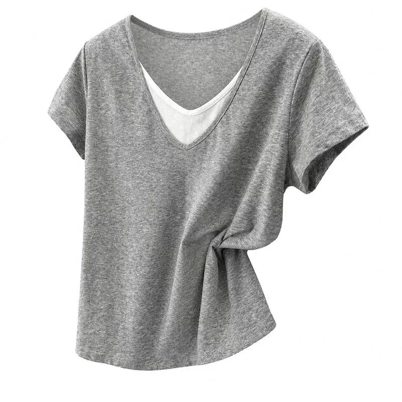 レイヤード風 tシャツ レディース 半袖 vネック カットソー 重ね着風 ゆったり トップス カジュアル きれいめ 薄手 インナー 夏服 体型カバー 快適 吸汗速乾 部屋着 通勤 通学 旅行 おしゃれ
