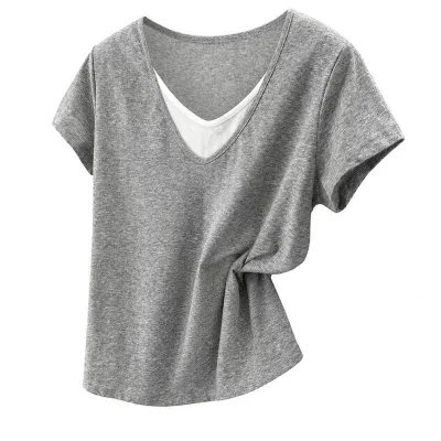 レイヤード風 tシャツ レディース 半袖 vネック カットソー 重ね着風 ゆったり トップス カジュアル きれいめ 薄手 インナー 夏服 体型カバー 快適 吸汗速乾 部屋着 通勤 通学 旅行 おしゃれ
