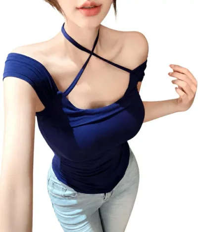 ホルターネック トップス クロス カットソー 半袖 セクシー オフショル タイト サマーニット 伸縮性 キャバ クラブ パーティー デート 韓国風 無地 着痩せ レディース