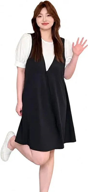 重ね着風ドッキングワンピース レディース 夏服 大きいサイズ 体型カバー ゆったり 半袖 ボリュームスリーブ クルーネック 膝丈 カジュアル お出かけ ミニスカート