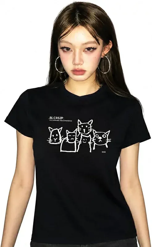 レディース Tシャツ 半袖 猫プリント ショート丈 タイト クルーネック アメカジ ストリート系 コットン混 着痩せ グラフィック イラスト へそ出し ギャル カジュアル 通学