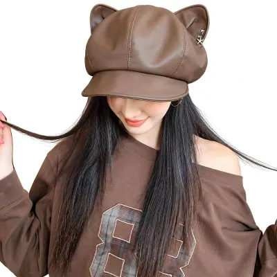 キャスケット レディース 帽子 猫耳 フェイクレザー 小顔見せ ベレー帽 レトロ感 カジュアル