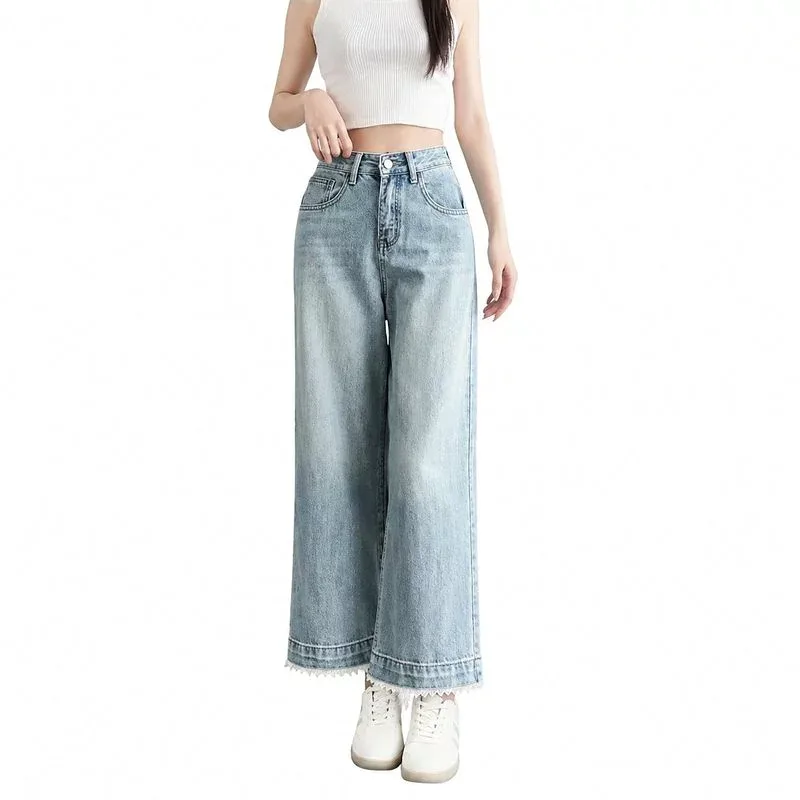 デニムパンツ レディース レース飾り ハイウエスト ストレート 脚長効果 体型カバー ボトムス 美脚シルエット 春夏秋 大人可愛い カジュアル 裾フリル