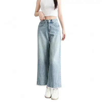 デニムパンツ レディース レース飾り ハイウエスト ストレート 脚長効果 体型カバー ボトムス 美脚シルエット 春夏秋 大人可愛い カジュアル 裾フリル
