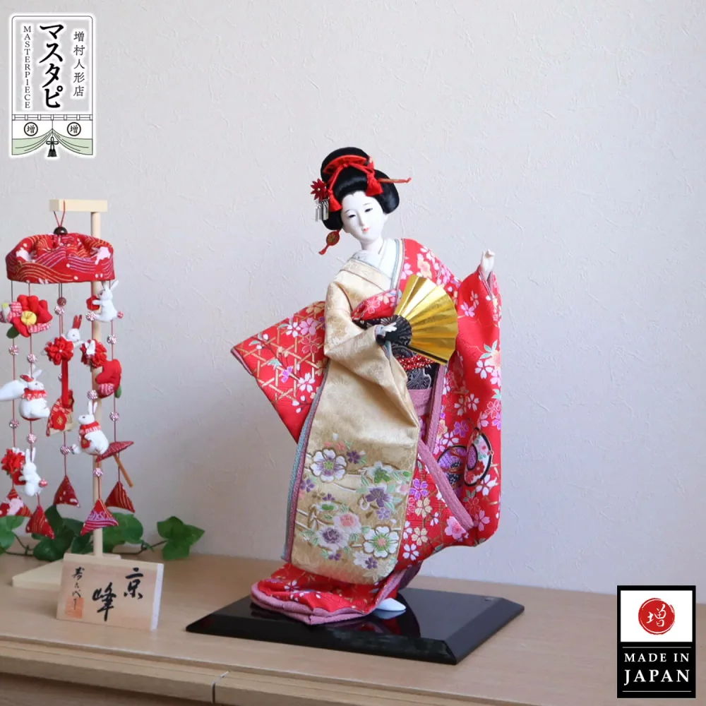日本土産 海外土産 お土産 おみやげ 日本人形 寿喜代作 京峰 正絹 流水桜 扇 尾山人形 工芸品 ケース 可愛い コンパクト 和モダン おしゃれ 国産 インテリア 増村人形店