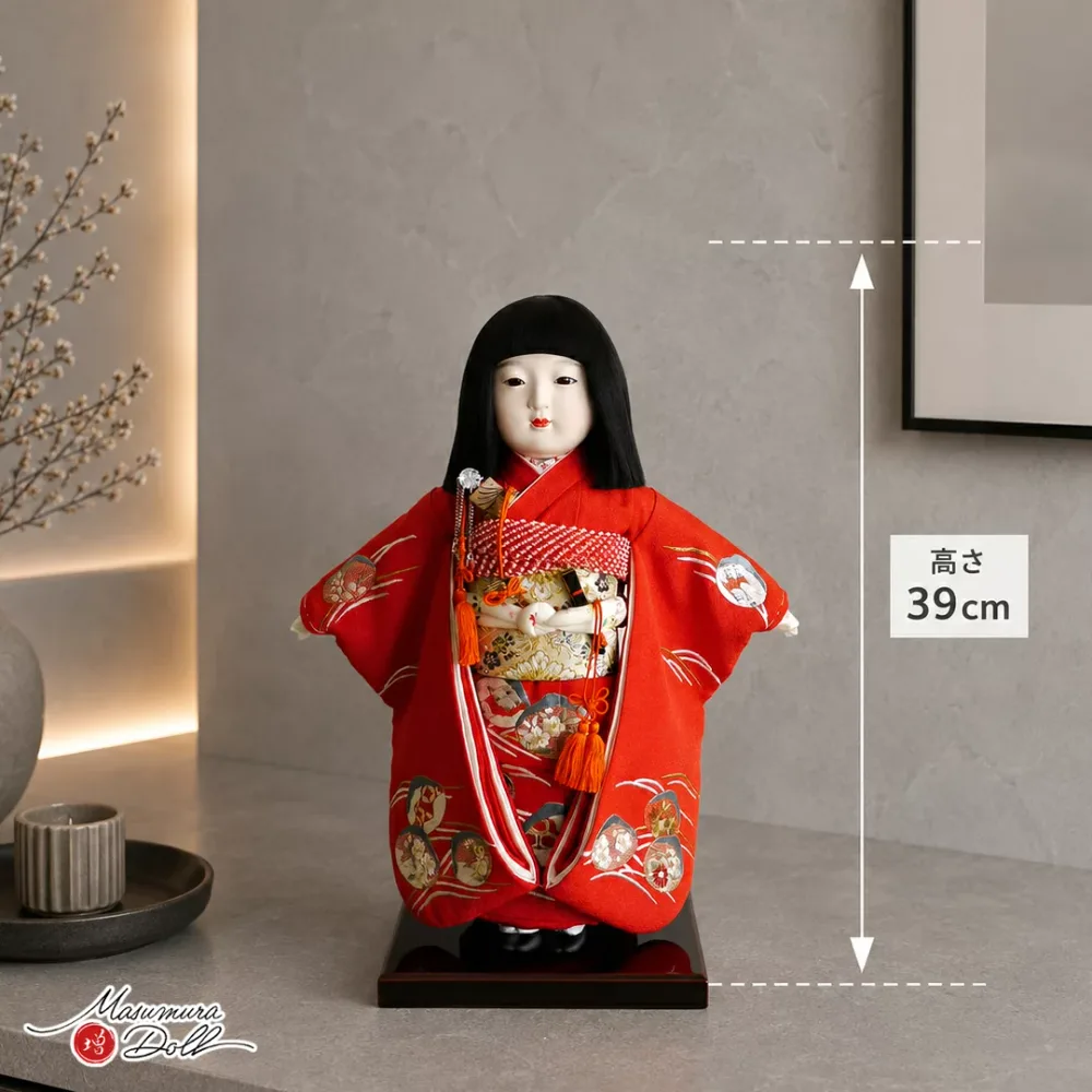 市松人形 元賀章介 10号尺正絹手刺繍 波に貝合わせ 赤色 手塗本漆塗台 初節句 増村人形店 MMN0182