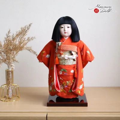 市松人形 元賀章介 10号尺二 手刺繍 松竹梅に菊 赤 市松人形 越前塗台 初節句 増村人形店 MMN3126