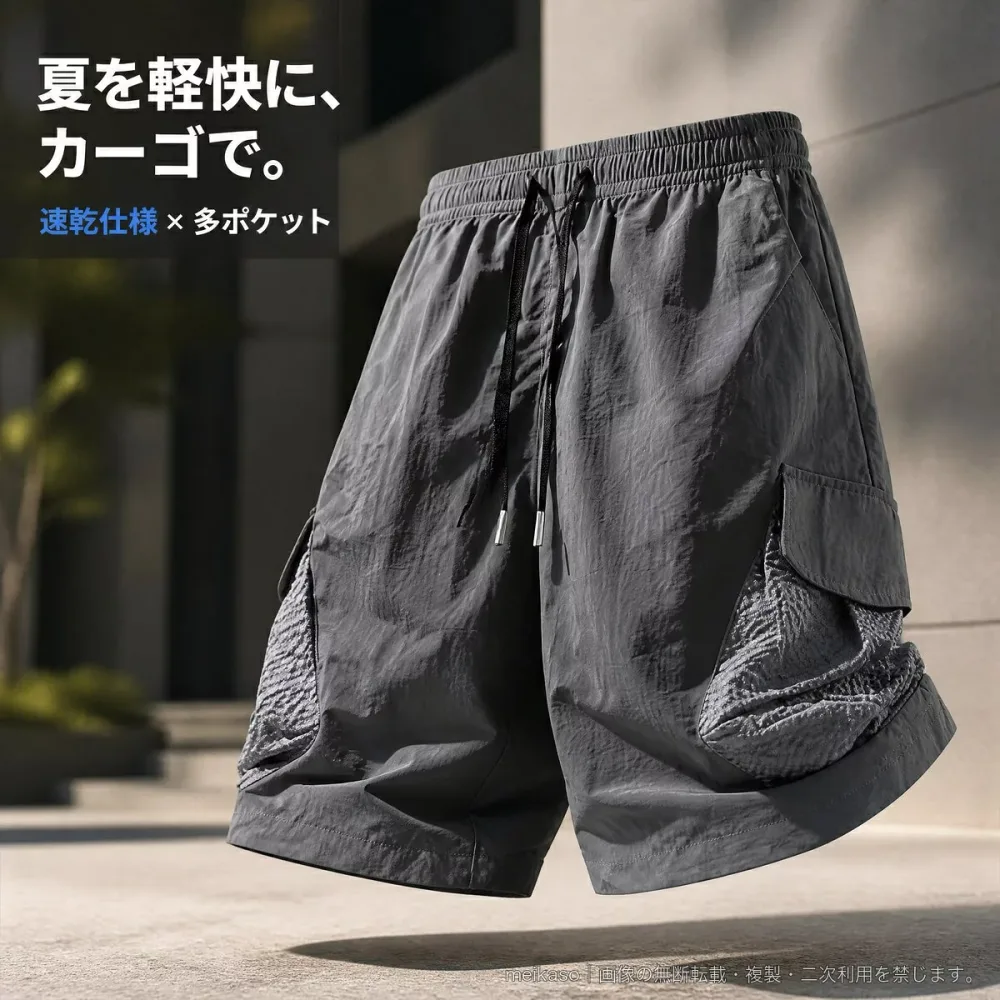 メンズ 速乾 カーゴショートパンツ ハーフパンツ 多ポケット ウエストゴム 夏用 スポーツ カジュアル ランニング ジム ビーチ L~5XL 3色