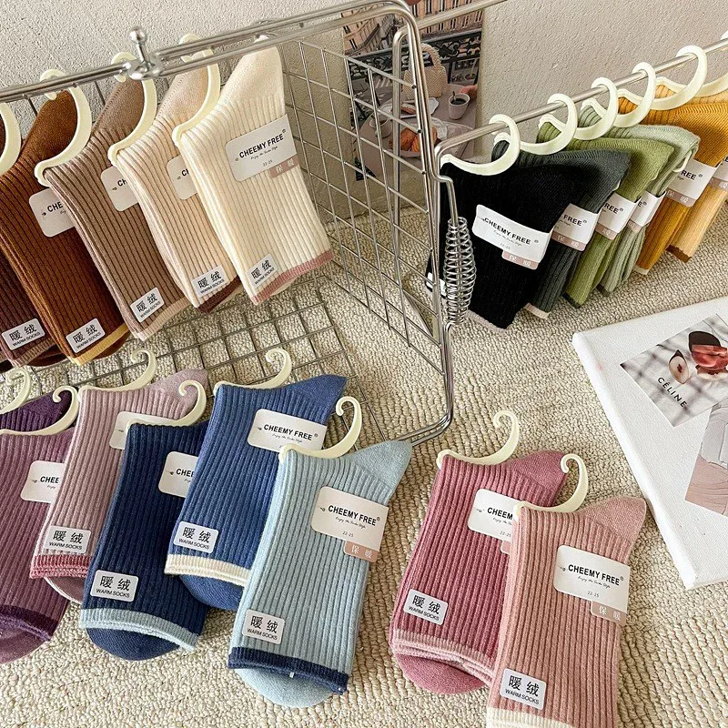 秋冬ウールソックス 女性用 秋冬シーズン 厚手 裏起毛 ロングソックス 日系 かわいい 無地 縦ストライプ ミドルソックス 女性用
