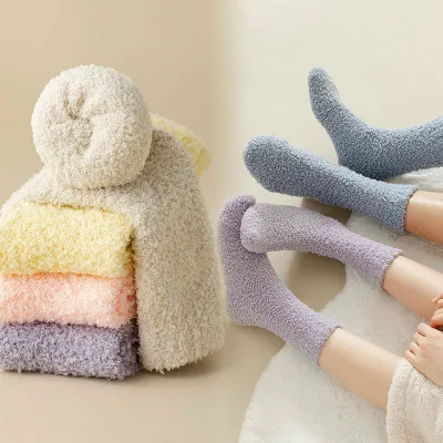 コーラルフリースソックス 女性用 毛玉にならない キャンディカラー フロアソックス 厚手 保温 ハーフフリースソックス ミドル丈 睡眠用ソックス