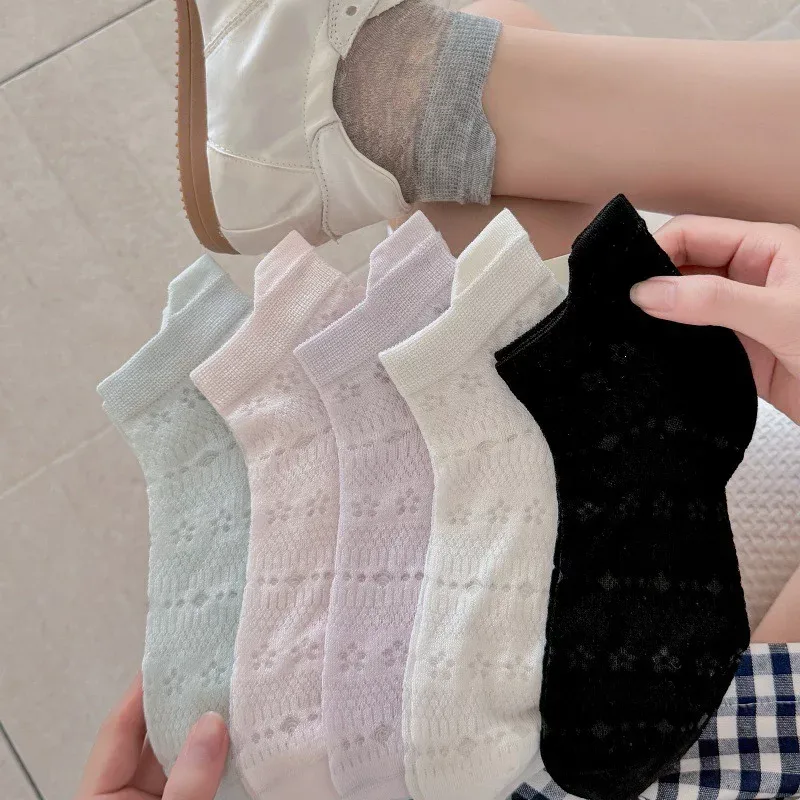 グレーバレエ風ソックス 女性用 夏 薄手 ショートソックス リボン付き 透かし柄 通気性 ミドル丈 女性用 メッシュ
