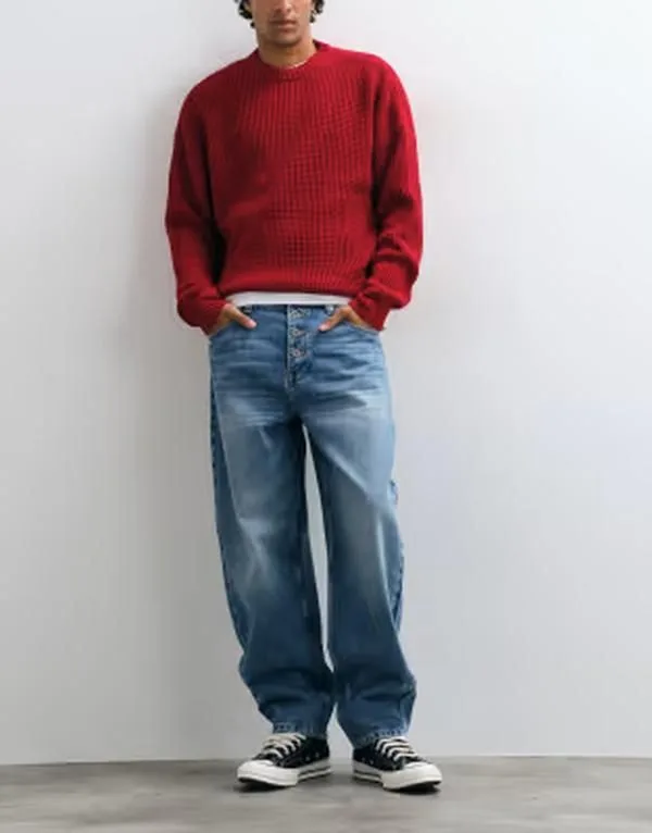 エイソス メンズ ボトムス デニムパンツ ジーンズ ASOS DESIGN slim barrel jeans in mid wash Mid washed Blue ブルー