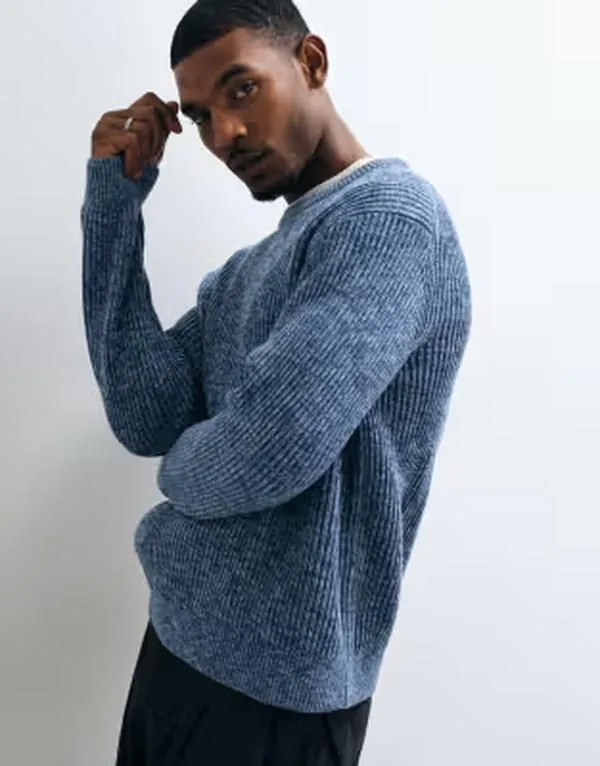 セレクティッド メンズ アウター ニット・セーター Selected knit sweater in speckled Blue Horizon ブルー