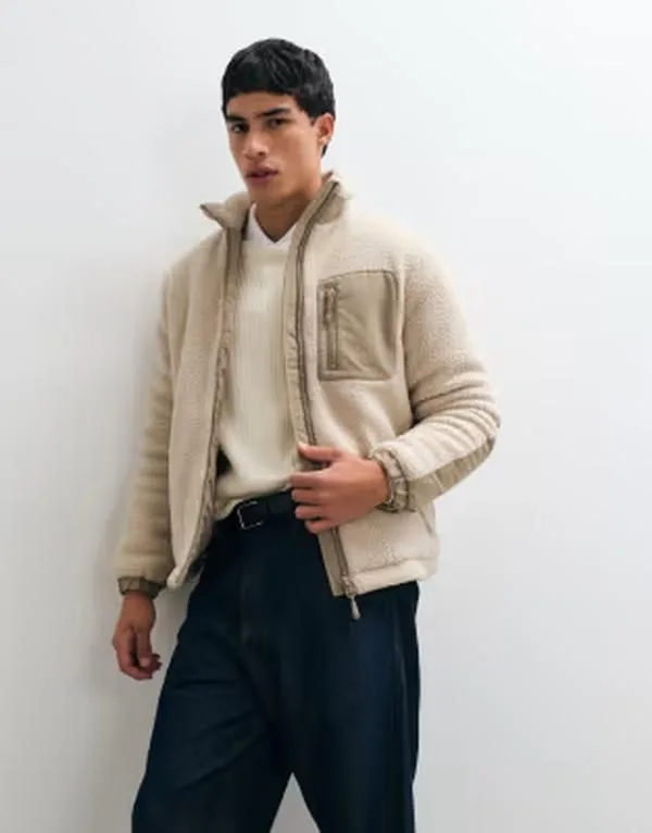 オンリーアンドサンズ メンズ アウター コート コントラスト フリース ONLY SONS padded sherpa fleece with contrast pocket in cream Sil