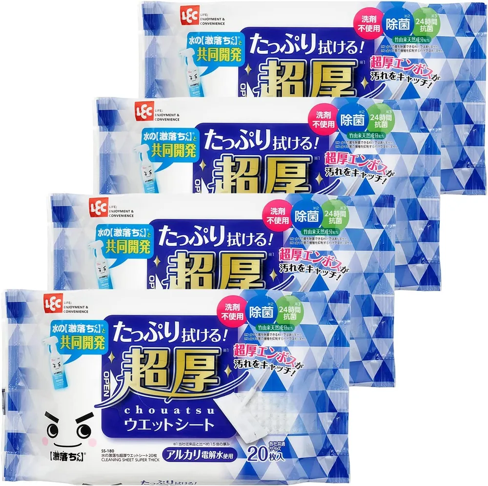 【在庫処分】レック 水の激落ち 超厚 ウェットシート 20枚入 (4個パック) フローリングシート/洗剤不使用/除菌 /24時間抗菌 / アルカリ電解水使用 / S00996