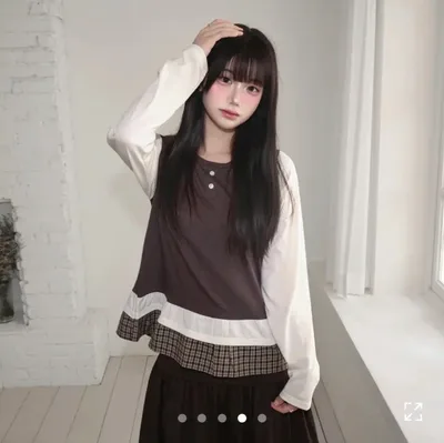 新商品 トゥイヤーズ カカオ ボタン ロールアップ チェック フリル ロングスリーブ Tシャツ