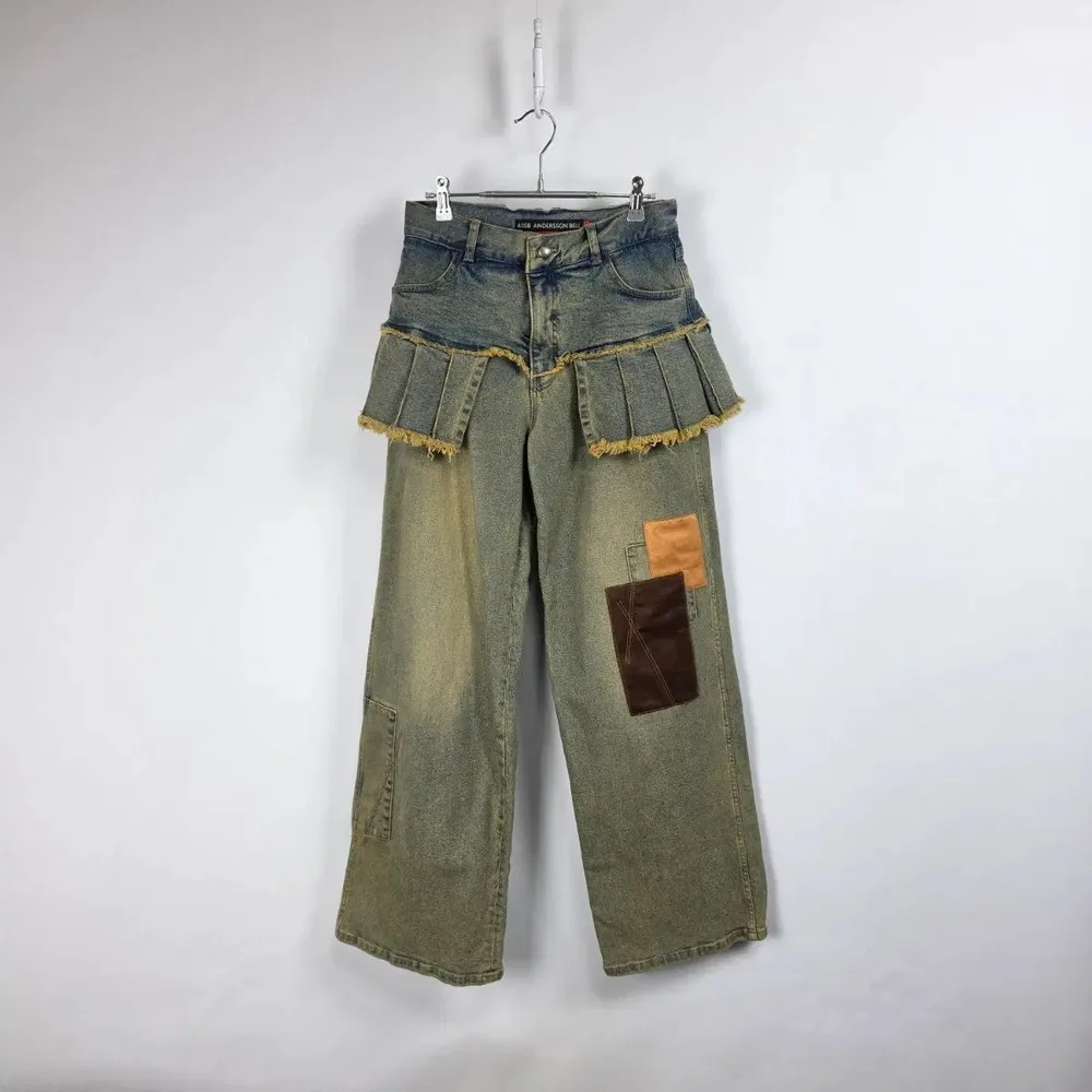 Kinloch Anderson ヴィンテージ ウォッシュ ワイド レイヤード パッチ デニムスカート デニムパンツ レディース 29インチ 261007