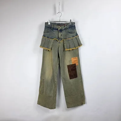 Kinloch Anderson ヴィンテージ ウォッシュ ワイド レイヤード パッチ デニムスカート デニムパンツ レディース 29インチ 261007