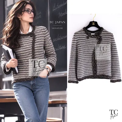 シャネル カーディガン CHANEL ブラウン グレー ベージュ カシミヤ ウール モヘア ニット カール・ラガーフェルド 60万 超美品 38