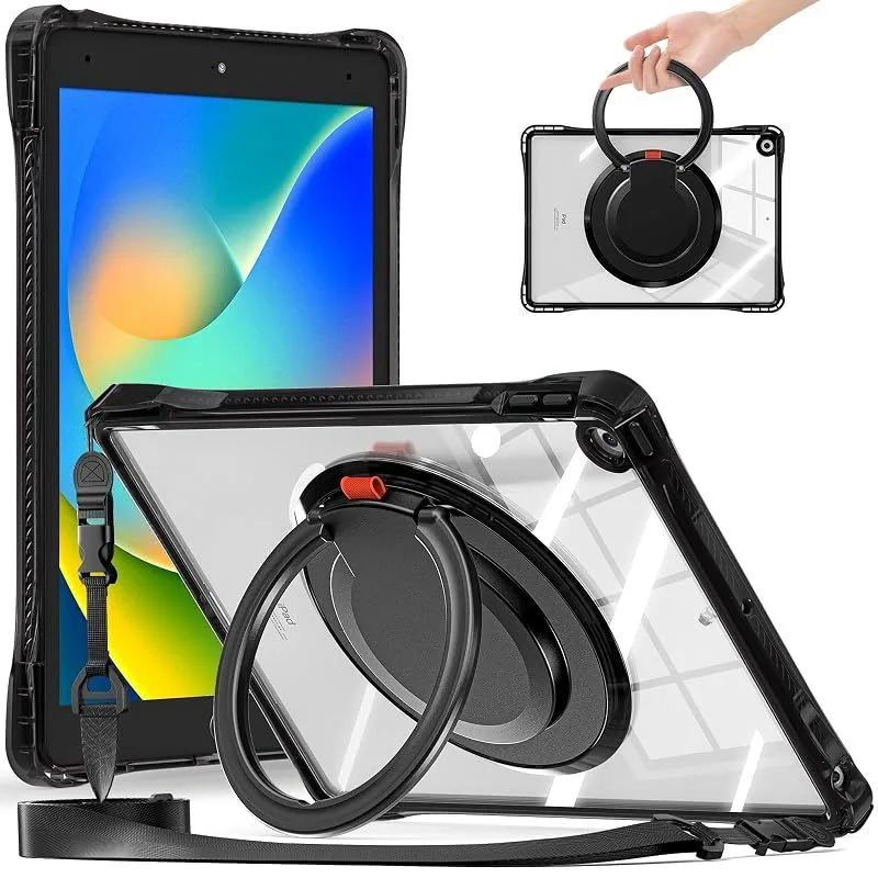【新品】 Moogukadan iPad 10.2インチ用ケース 第7/8/9世代 斜め掛け クリア 透明カバー iPad9 8 7 用 横置きスタンド ペンホルダー 360°回転リング ショルダーストラップ 頑丈 薄型 落下防止,黒 0