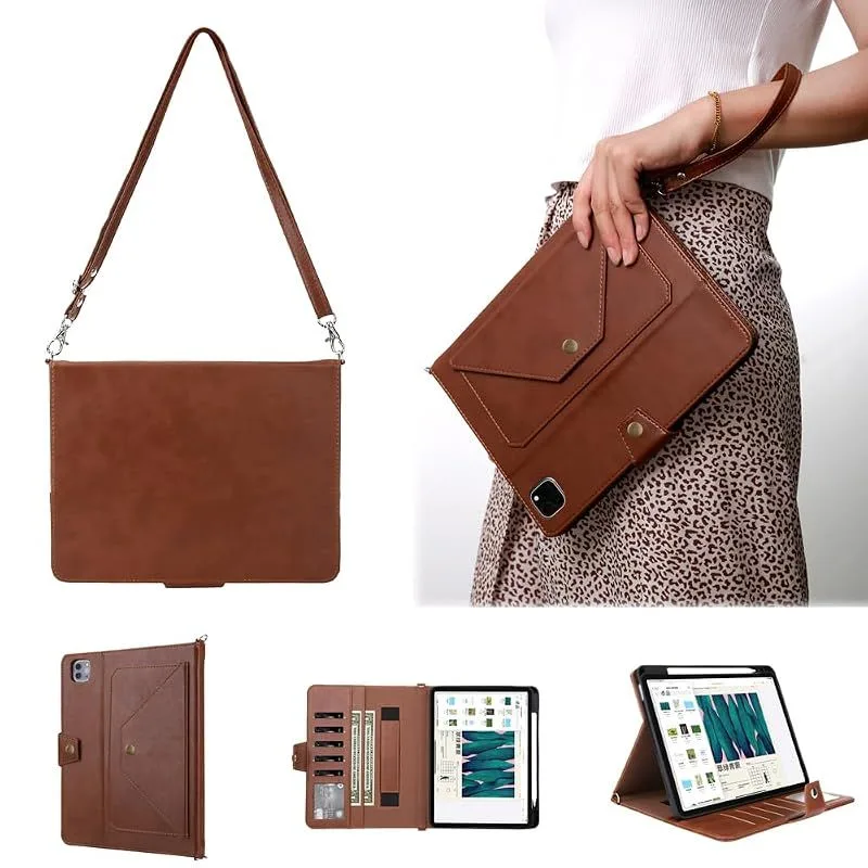 【新品】 For 2024モデルiPad Pro 11インチ封筒型ケース手帳型iPad Pro 11第5世代ショルダーストラップ付 斜め掛けApple Pencilワイヤレス充電対応オートスリープ カード収納 紙幣収納スタンド機能伸縮性ハンドストラップ 片 0