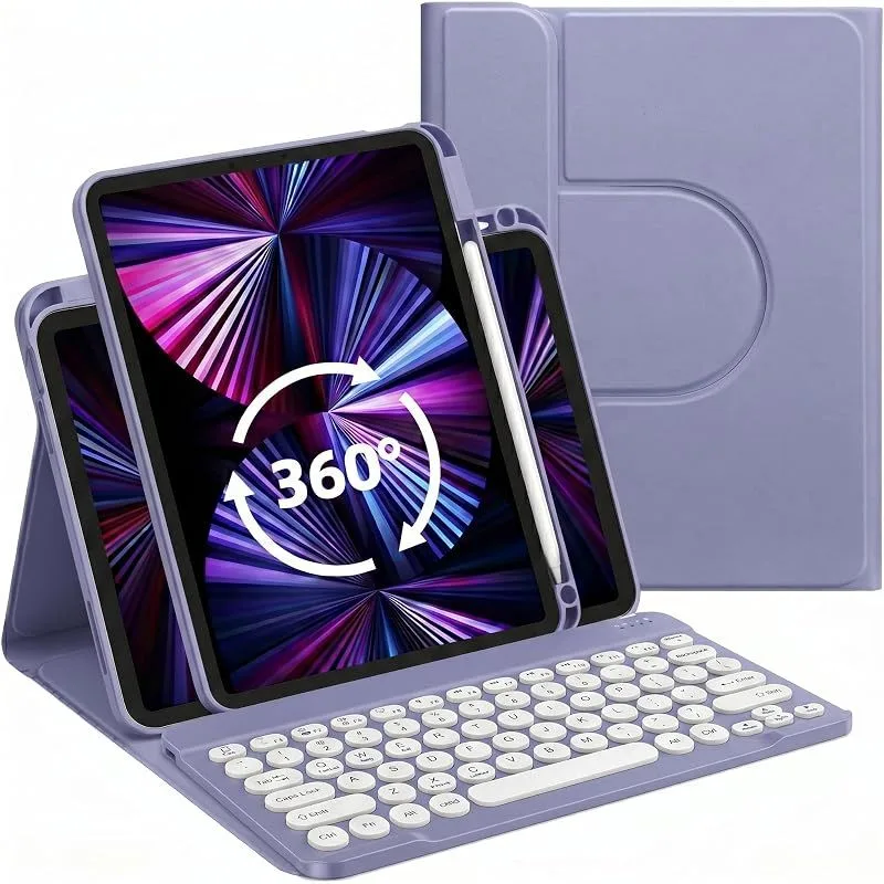 【新品】 iPad 9世代 用 キーボード ケース iPad 第9世代 第8世代 第7世代 キーボード付きカバー 10.2インチ ワイヤレスBluetoothキーボード マグネット分離式 丸型キー クリア 背面 可愛い, 紫灰 0