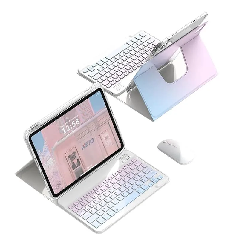【新品】 Moogukadan iPad 10.2インチ第9/8/7世代 用のキーボード ケース マウス付き 360度回転 グラデーションカラーキーボード マグネット分離式 透明 クリア 背面カバー 縦置き 横置きスタンド ペン収納 (ピンク+ブルー) 0