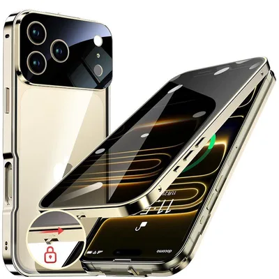 HGUTREY【覗き見防止・自動ポップアップボタン】iPhone17 Pro Max 用 ケース【ロック付き】ストラップホール付き (ゴールド) 0
